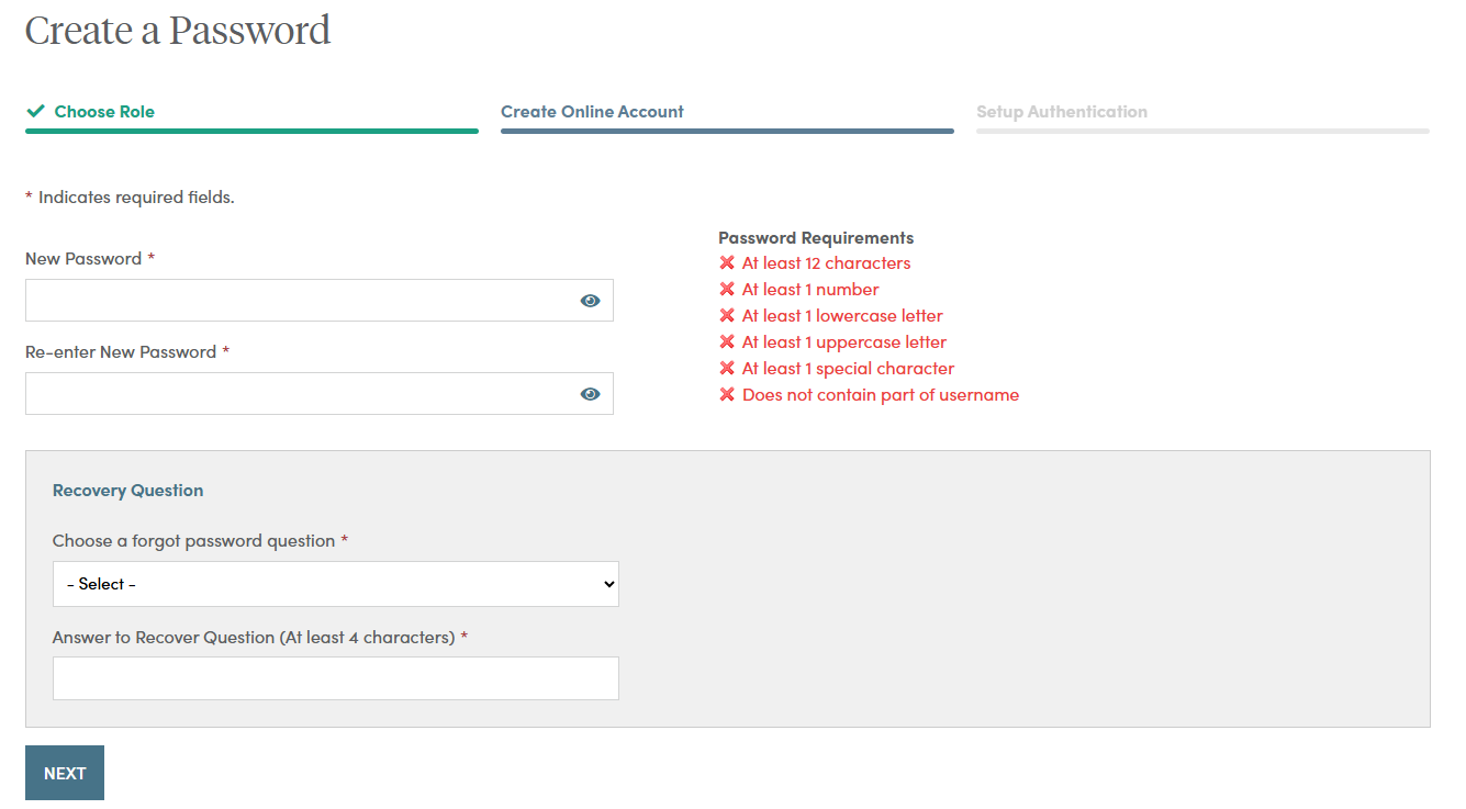 Create a Password screen