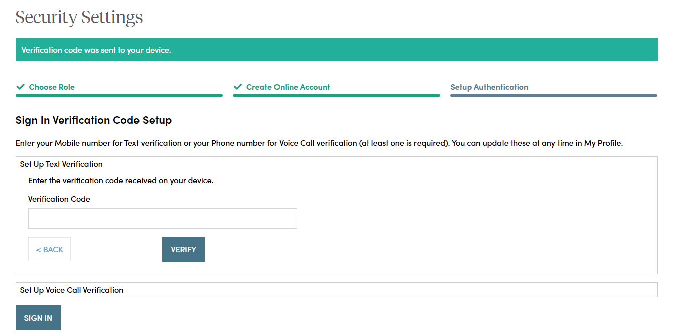 Verification Code Screen