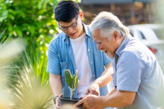 Father and son gardening